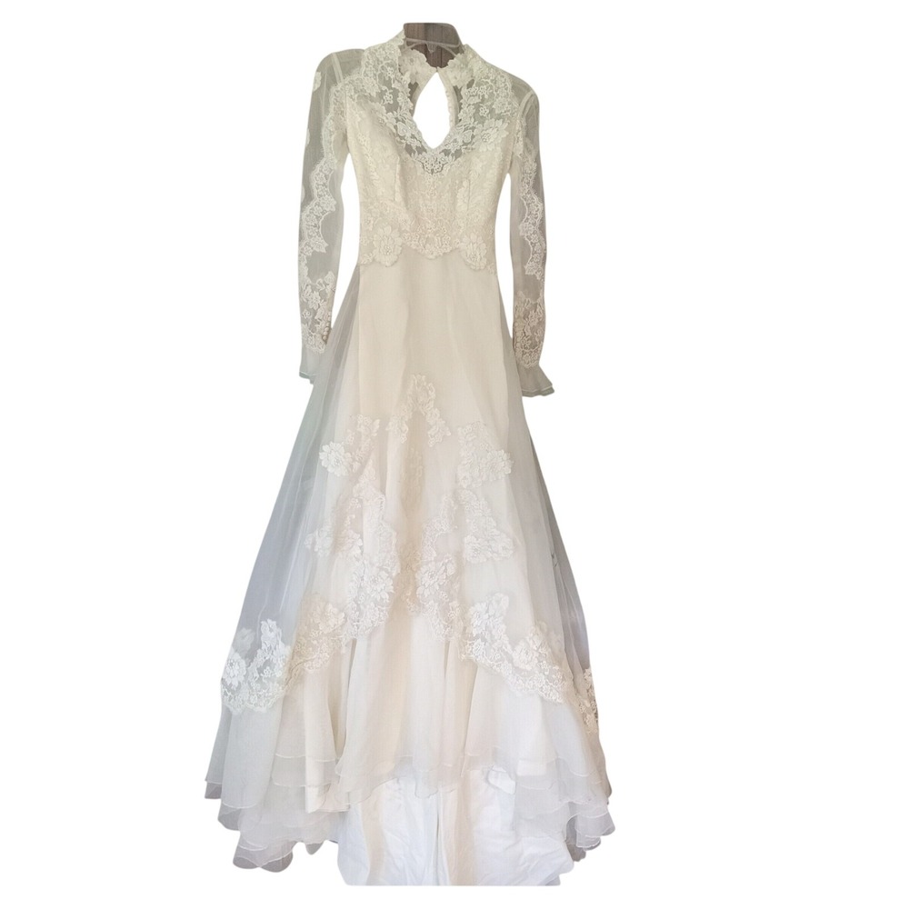 Vintage Ivory Lace Wedding Dress Long Sleeve Pearl Beaded Keyhole Back Train L